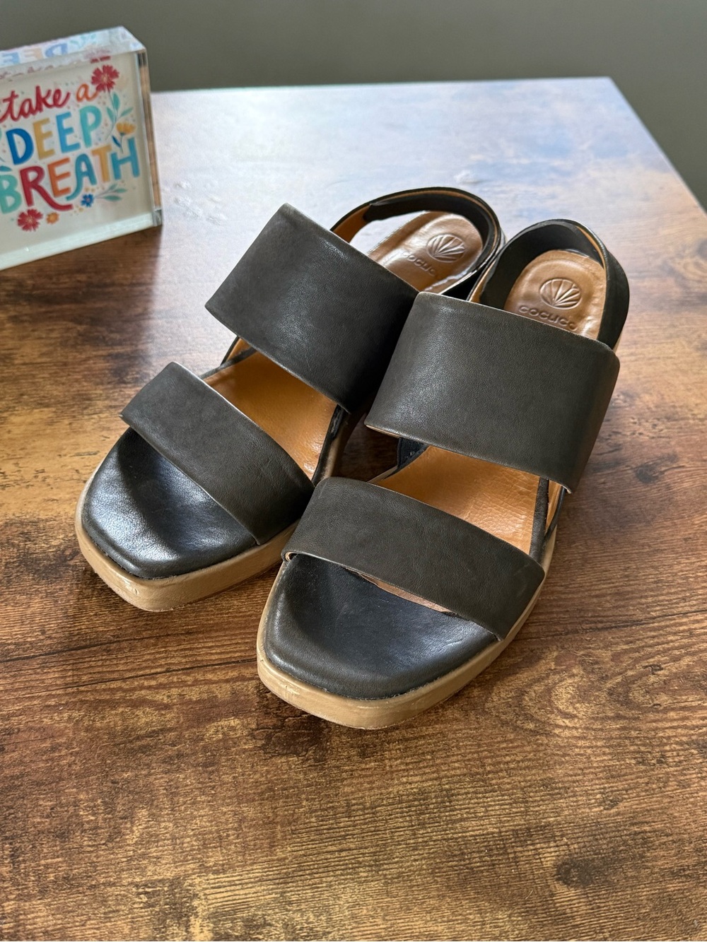 COCLICO Dark Gray Leather Double-Strap Platform Sandals